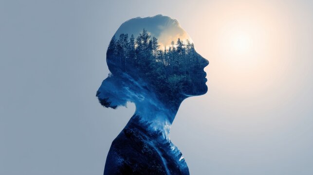 A woman is shown in profile with her head filled with a scene of tall trees and blue sky. The background is bright suggesting a sunny day. The focus is on the unique blend of nature and humanity.