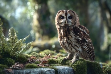 Majestic owl perched on mossy stone in serene forest environment