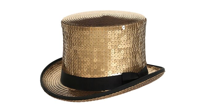 Golden top hat with shiny sequins and black ribbon