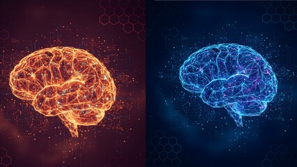 Human brain artificial intelligence concept with orange and blue neural network plexus background.