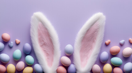 Easter Holiday Background with Fluffy Bunny Ears and Colorful Polka Dot Easter Eggs on Soft Purple Pastel Background with Copy Space