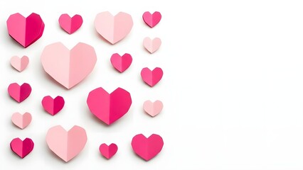 A collection of pink and red paper hearts on a white background for Valentine's Day