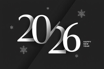 A striking graphic design features the year 2026 in bold white lettering against a dark background with subtle snowflake accents and a new year message