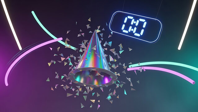 Holographic party hat confetti explosion countdown celebration digital art background - Powered by Adobe