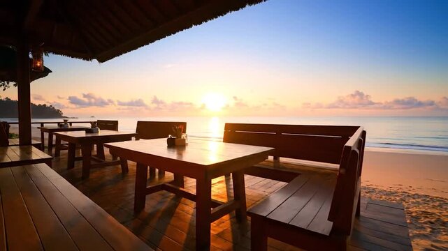 Wooden tables and benches face the ocean at sunrise with soft clouds