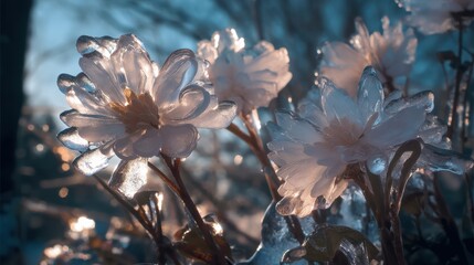 Several flowers are encased in ice reflecting sunlight in a garden during the afternoon in winter. The scene captures natural beauty and the effects of cold weather.