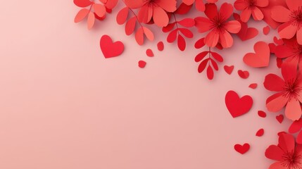 Red paper flowers and hearts are arranged in a creative layout on a light pink background. This decoration is suitable for celebrations or events.