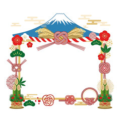Festive Japanese New Year frame illustration with Mount Fuji and traditional auspicious symbols, cultural decorations for celebratory greetings and holiday designs