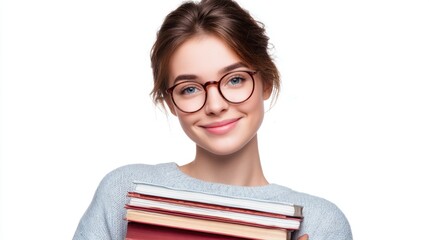 A young woman is smiling while holding a stack of books. She wears glasses and stands in a well lit area during the day. Her expression shows happiness and engagement with reading.