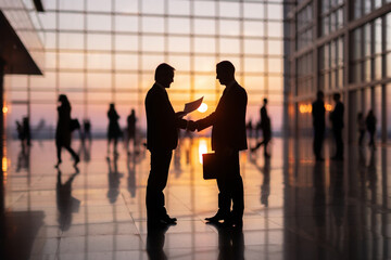 a striking silhouette of two businessmen shaking hands in a modern building lobby at sunset...