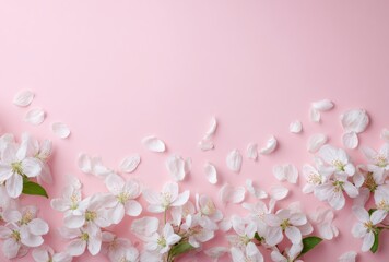 Dense Cluster of White Apple Blossoms on Pink Background with Falling Petals and Large Copy Space

