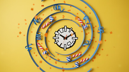 Countdown clock paper craft features streamers and party favors signaling midnight