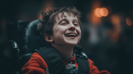 A boy in a wheelchair is smiling joyfully at an indoor gathering. The setting has warm lighting and a friendly atmosphere. His happiness is clear as he engages with his surroundings.
