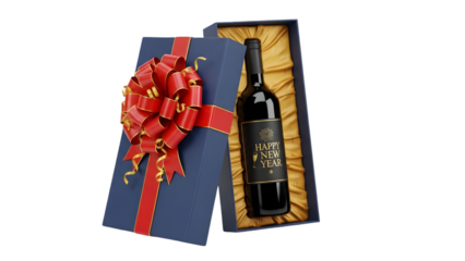 Wine bottle gift box with red ribbon and gold interior