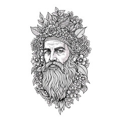 Intricate black and white illustration of a wise bearded man adorned with a lush floral crown, a detailed nature-inspired portrait perfect for artistic projects