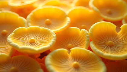 Digitally enhanced macro photo of mushroom gills in warm yellow tones with radiant light, abstract organic texture and modern aesthetic design