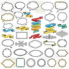 Diverse Graphic Toolkit of Whimsical Hand-Drawn Doodles, Communication Bubbles, Decorative Banners, and Stylish Borders for Creative Expression and Design Projects