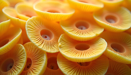 Digitally enhanced macro photo of mushroom gills in warm yellow tones with radiant light, abstract organic texture and modern aesthetic design