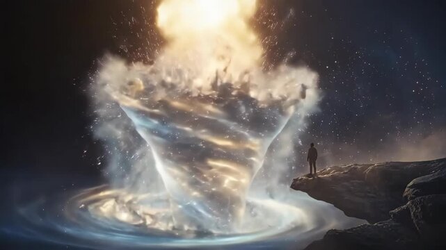 Magical clock melting into energy burst on cliff. Cloaked figure observes time portal formation. Fantasy sequence of dissolution and swirling vortex creation.