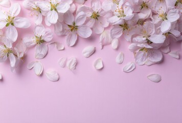 Dense Cluster of White Apple Blossoms on Pink Background with Falling Petals and Large Copy Space


