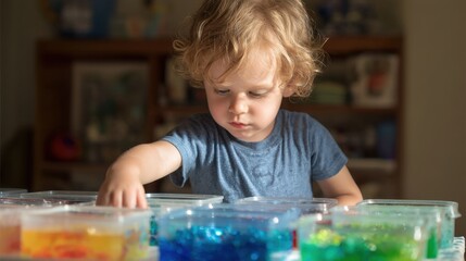 A young child is focused on selecting different colors of water beads from clear containers placed on a table during an indoor activity in the afternoon.