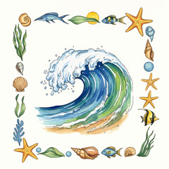 Dynamic watercolor painting of an ocean wave breaking on a beach, surrounded by a frame of seashells, starfish, fish, and marine plants