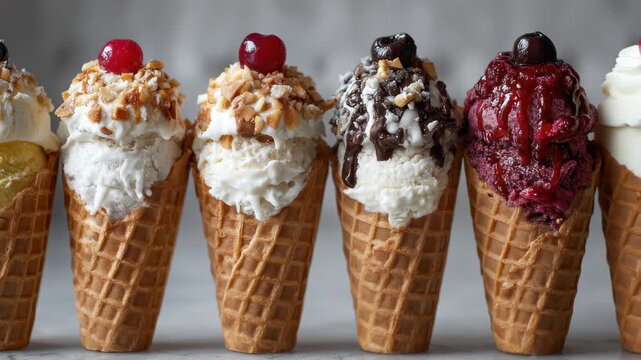 Five ice creams with toppings in waffle cones lined up, Five colorful ice cream cones with various toppings arranged in a row on a white background