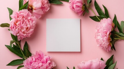 Obraz premium Pink peonies are arranged around a blank card on a pink surface. The flowers are fresh and vibrant creating a space for messages or notes. Suitable for different events.