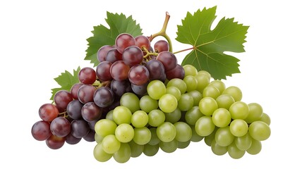 Fototapeta premium Fresh grapes with green leaves on white background