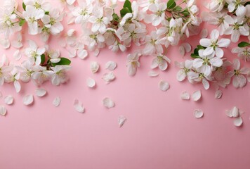 Dense Cluster of White Apple Blossoms on Pink Background with Falling Petals and Large Copy Space

