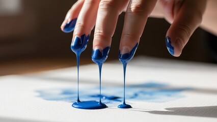 blue paint dripping from fingers onto white paper for art therapy blogs, creative studio websites, mess-free painting tutorials, psychological expression and artistic stationery design