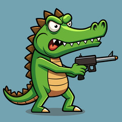 Fototapeta premium Cartoon crocodile holding gun in aggressive stance