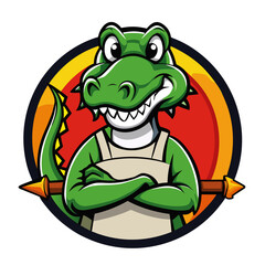 Obraz premium Friendly cartoon alligator wearing apron with playful crossed arms