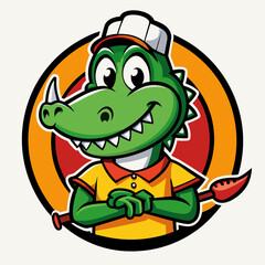 Obraz premium Friendly cartoon alligator wearing a cap and shirt holding a shovel