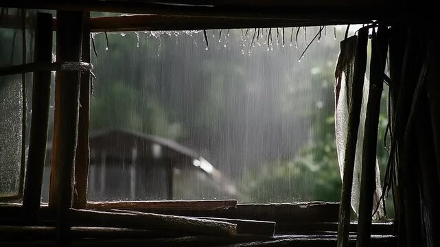 Rainy window view from rustic shelter with wet wooden frames