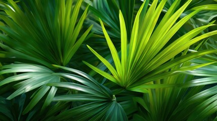 Fototapeta premium Dense green leaves fill the scene showcasing various shapes and shades. Light filters through the leaves creating a lively environment in a natural setting.