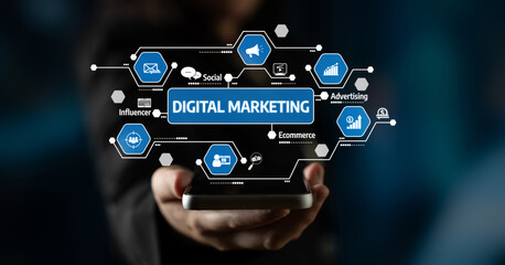 A creative representation of digital marketing displayed on a smartphone, showcasing various elements like social media, advertising, and ecommerce strategies in a modern setting. Tessel