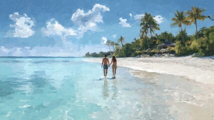 A couple enjoys a walk along a sandy beach with clear water. They hold hands surrounded by palm trees and a sunny sky. The scene shows a relaxed day by the ocean.