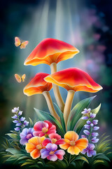 Colorful mushrooms and butterflies in enchanted floral forest