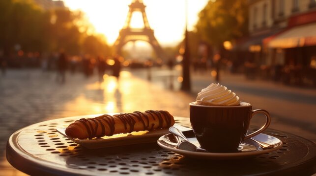 A delightful parisian morning scene featuring a chocolate pastry and whipped cream coffee on a bistro table with the eiffel tower softly lit by the setting or rising sun