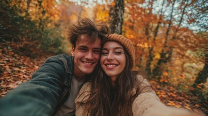 Fototapeta premium Two young individuals smile and pose for a selfie in a forest filled with orange and yellow leaves. They are dressed warmly and enjoying an autumn day in nature.