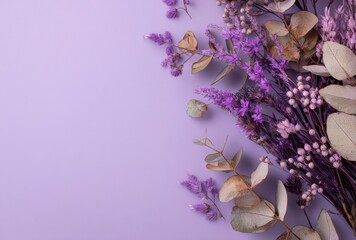 Elegant Dried Floral Arrangement with Lavender, Eucalyptus, and Wildflowers on a Muted Purple Background
