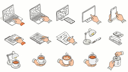 Isometric line art icons of hands interacting with office technology, documents, and enjoying coffee or tea, representing daily work and leisure activities.