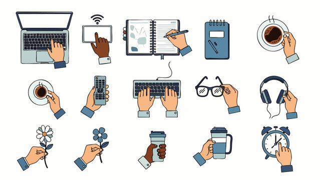 Set of hands interacting with daily objects and technology. Flat design vector illustration of people using laptops, phones, coffee, and more for work and leisure activities.