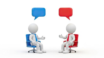 3D Business Figures Discussing Ideas with Speech Bubbles in Office Setting