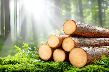 Sunlit forest with freshly cut logs and lush greenery in a woodland setting