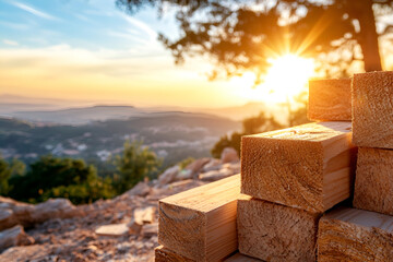 Scenic sunlit landscape with lumber at sunset on a summer evening