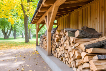 Stack of firewood under wooden shelter in a serene autumn forest setting