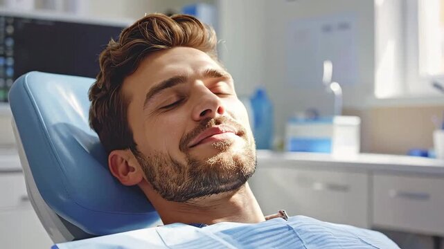 Happy Male Patient Relaxing in Dental Chair Before Treatment.