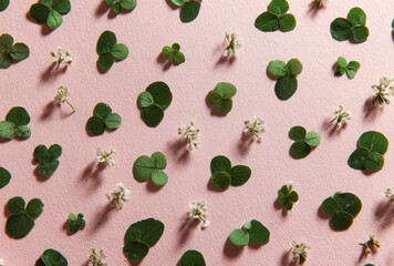 Spring Flatlay Pattern with Green Clover Leaves and Small White Flowers on Soft Pink Background


